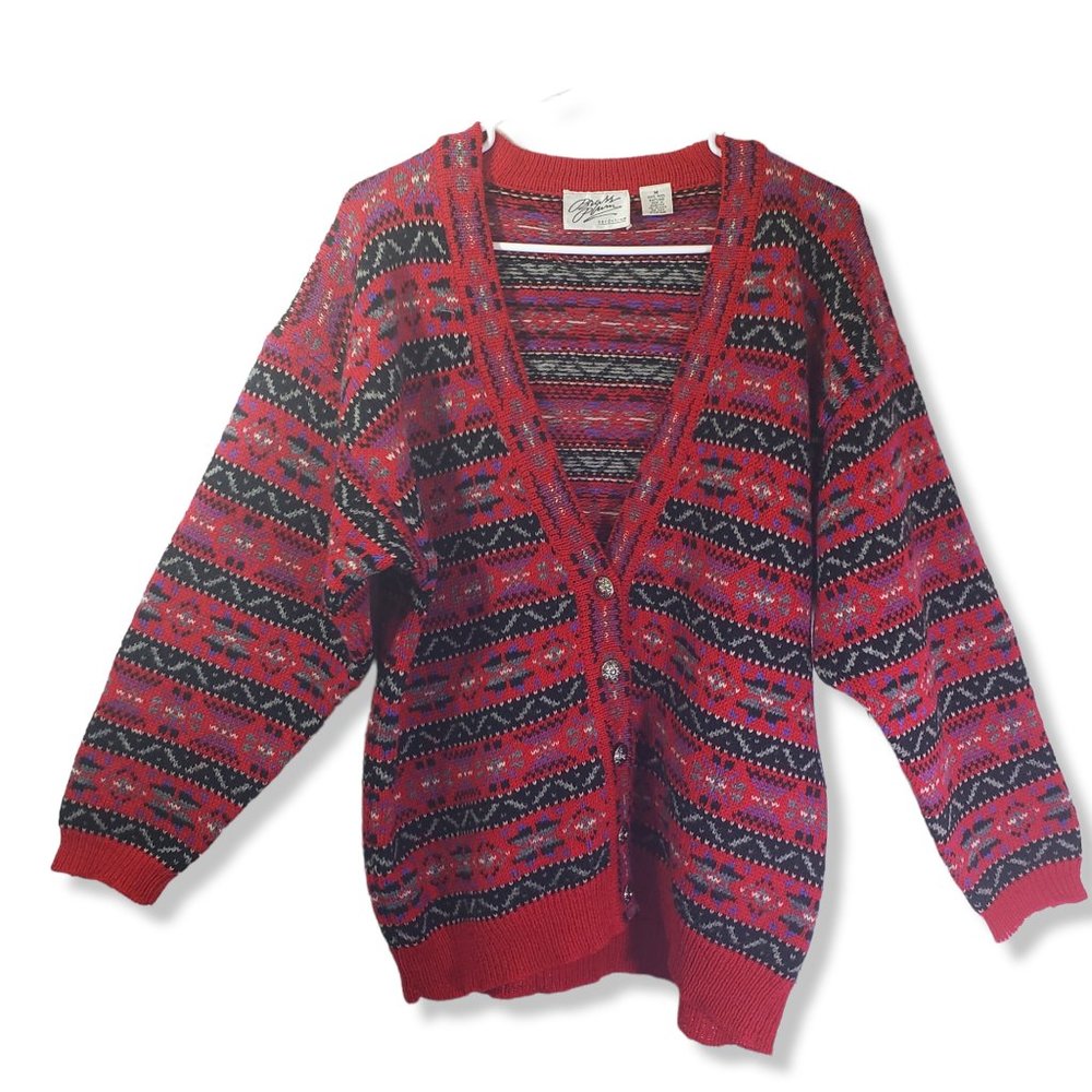 NORDSTROM, BRASS PLUM Medium Red, Black 100% Wool Button Front Cardigan Sweater